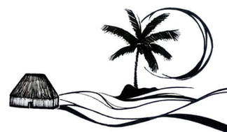 Black and white graphic of a grass shack, palm tree, and moon provided by Makanui Realty